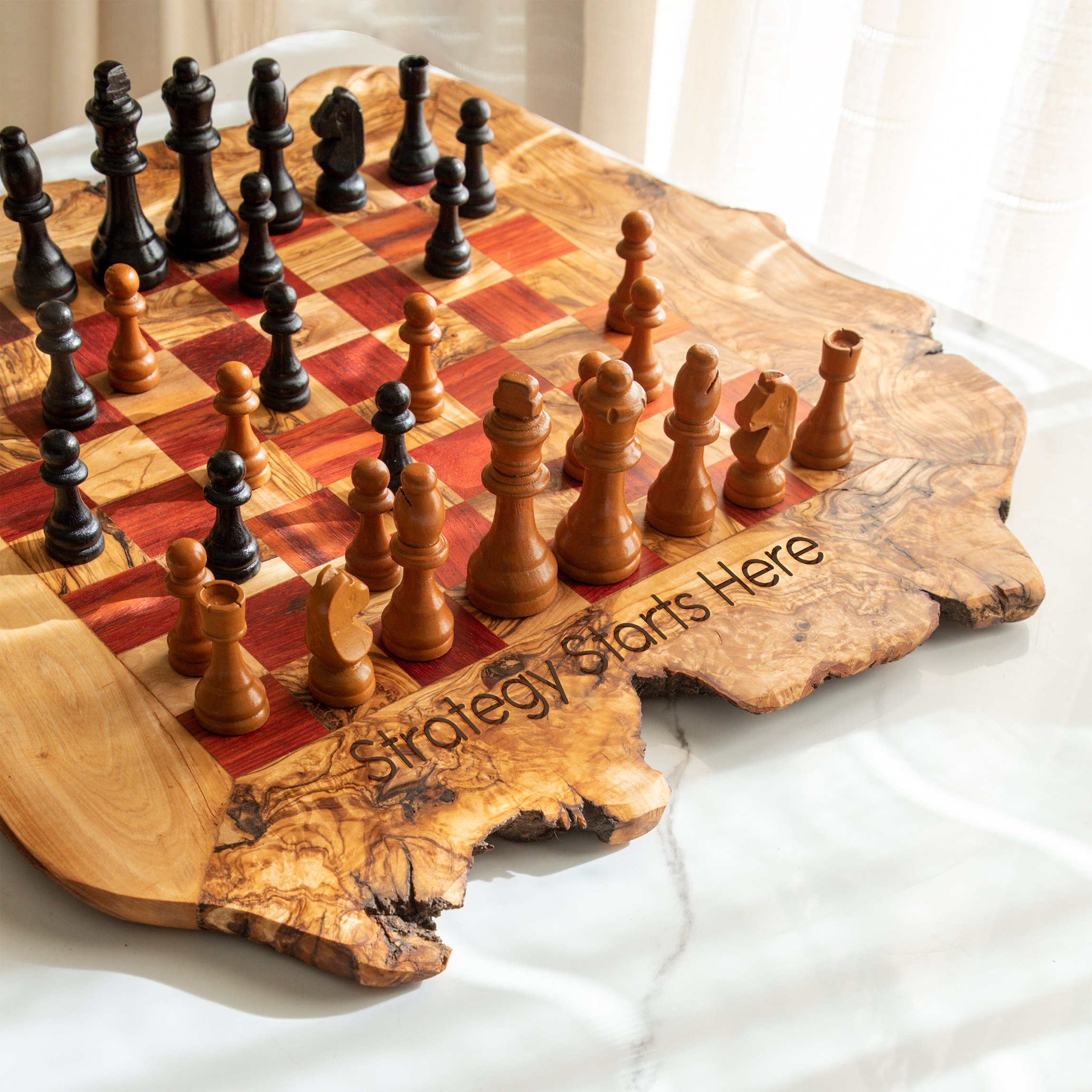 Krafts GmbH Olive Wood - Wholesale Board Game - Artisan Olive Wood Chess Set - Rustic Live Edge - Red1