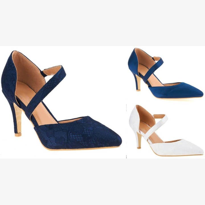 LADIES LACE SATIN MID HEEL POINTED TOE STRAPPY BRIDAL WEDDING SHOES for wholesale by ShoeBox Botique