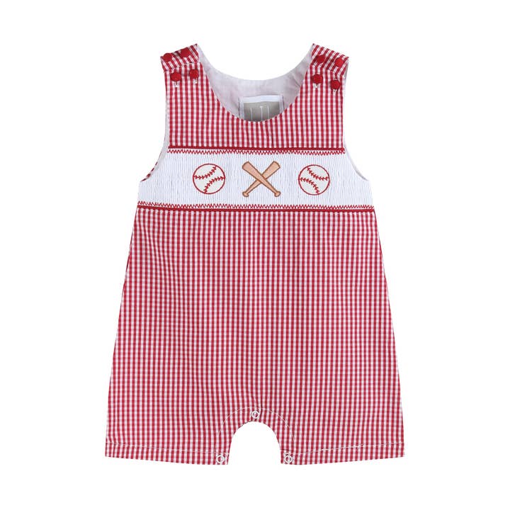 Red Gingham Baseball Smocked Shortalls for wholesale by Lil Cactus