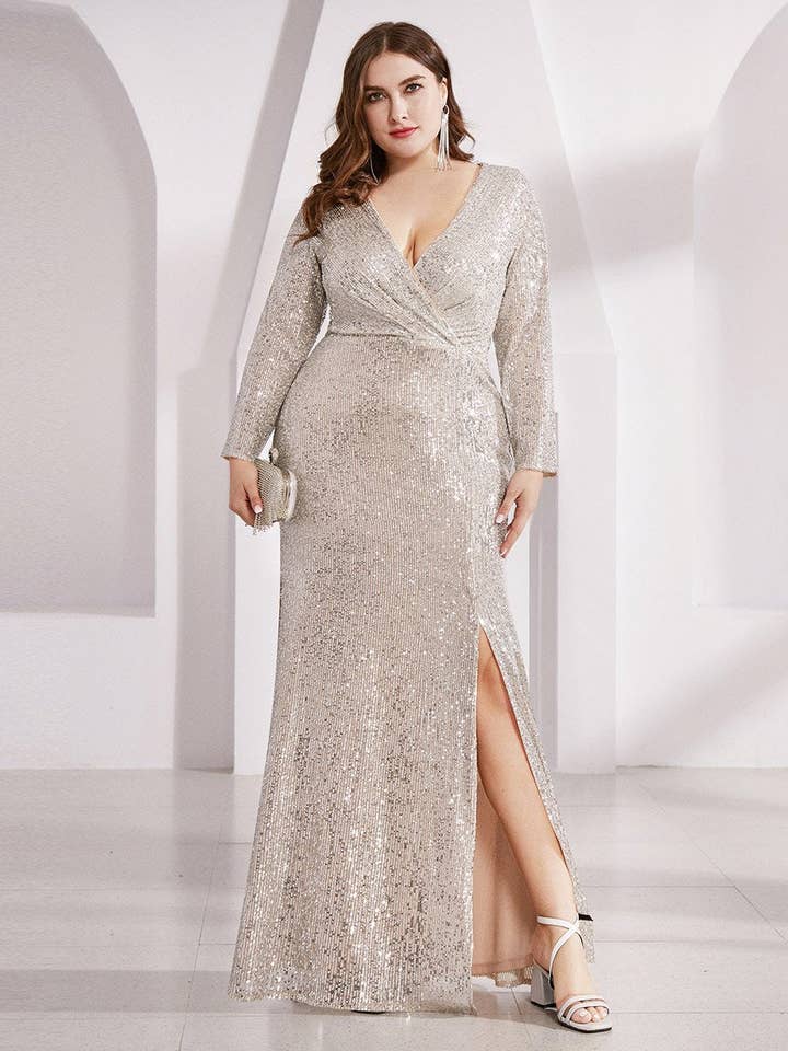 Ever-Pretty - Wholesale Gown - Women's - Plus Size Long Sleeve Shiny Prom Dress with Side Split