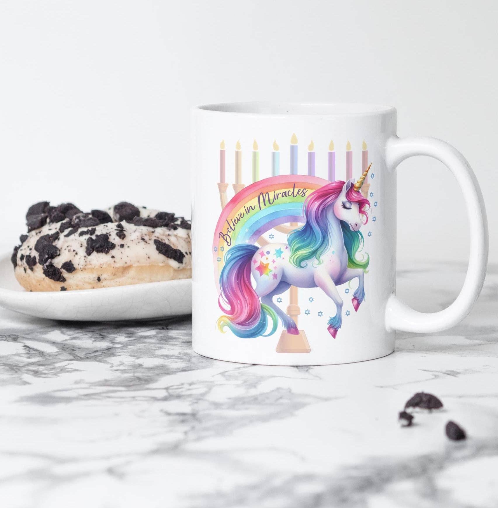 Salt Sparkle Shalom - Wholesale Coffee Mug - Believe in Miracles Unicorn Chanukah Ceramic Coffee Mug1
