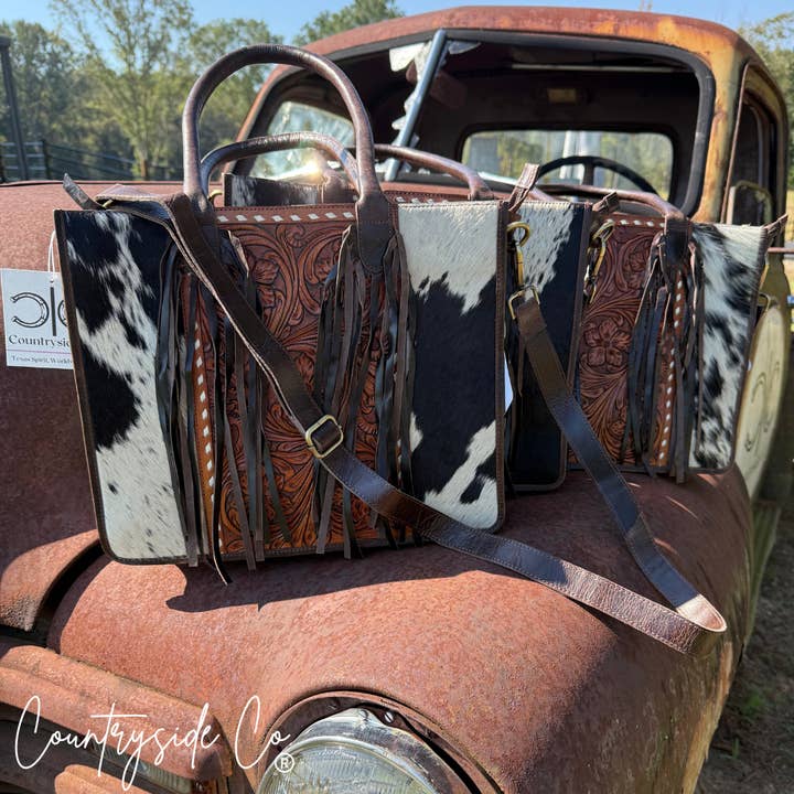 Texas Western Cowhide Bags and More - Wholesale Tote Bag - Women's - Jesse Cowhide and Tooled Leather Fringe Tote computer bag3