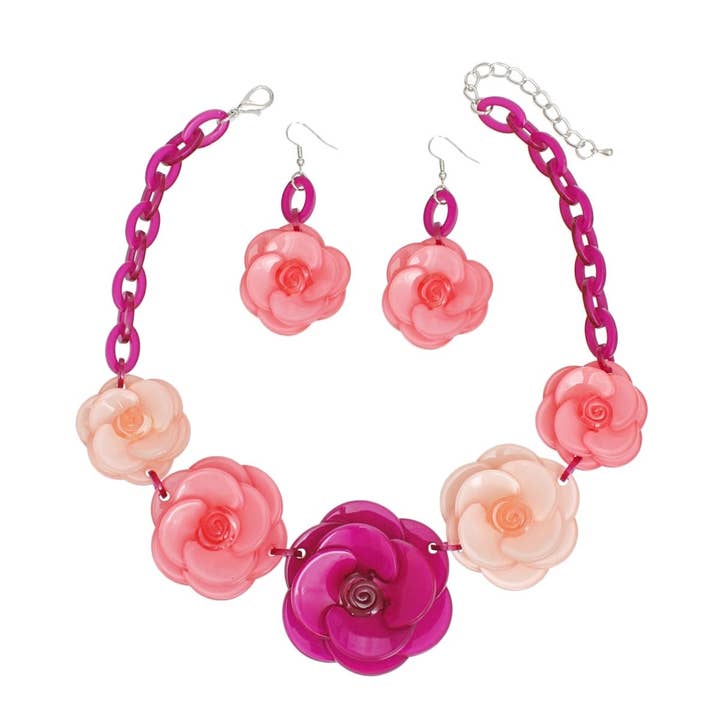Fuschia Collar Fuchsia Chunky 3D Flower Link Necklace Set for wholesale on Faire