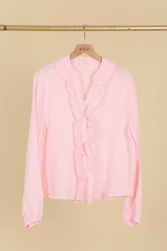 NAÏS PARIS – wholesale Tröja med knappar – Dam – Skjorta med krage och volangdetaljer i 100 % linne5