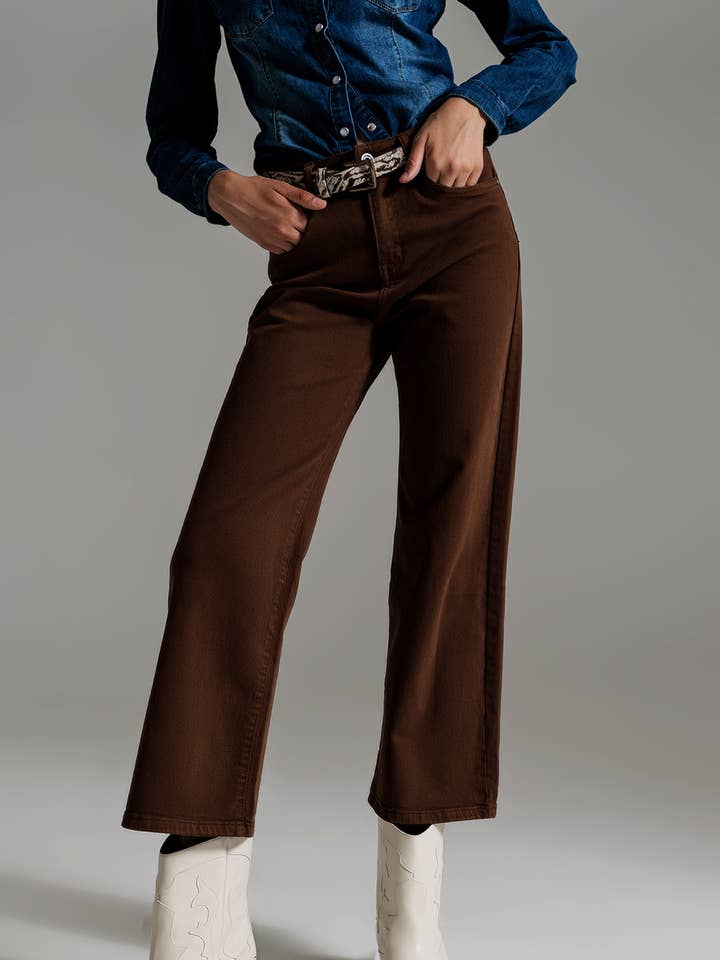 Cropped wide leg jeans in brown for wholesale by Q2—All Orders:Free Duties for the US,UK,and Canada
