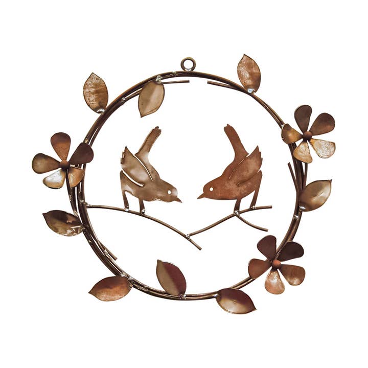 Rust/Nat Flower Wreath Wrens Garden Art for wholesale by California Home & Garden
