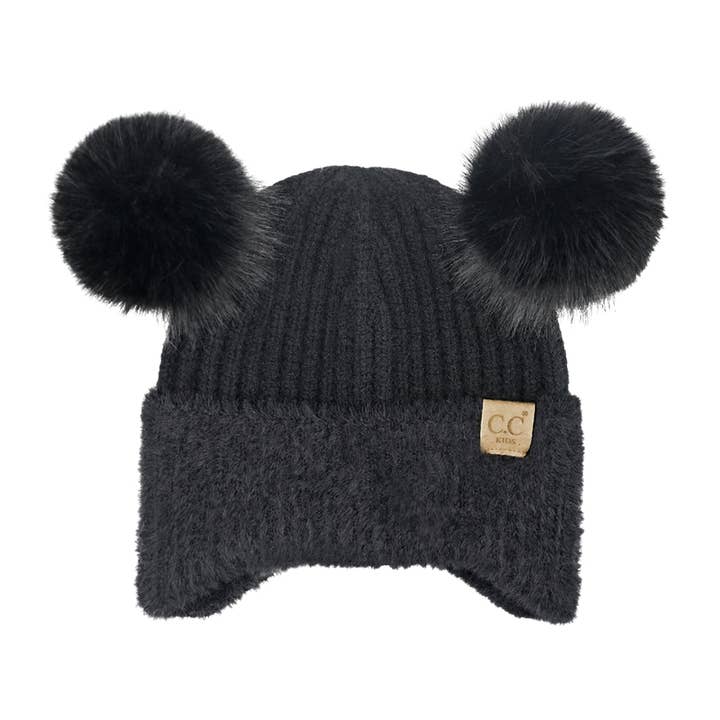 C.C Beanie - Wholesale Beanie - Kids - Kids C C Faux Fur Earflap Double Pom Beanie