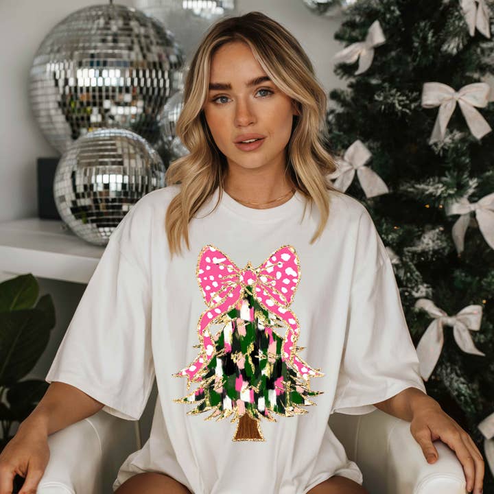 DTF TRANSFER - Christmas Tree Pink & White Bow CH008 for wholesale by dBoldTees & DTF Transfers