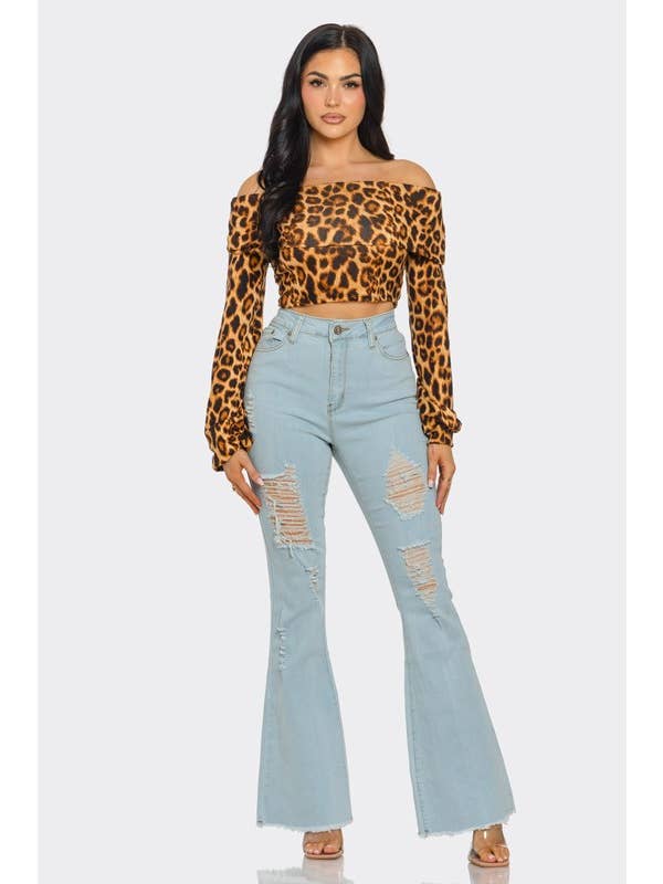 SEXY STAR DESIGN INC - Wholesale Blouse - Women's - Long Sleeve Fold Over Off Shoulder Crop Tops Print9