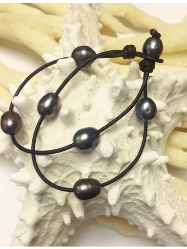 Scattered Pearl and Leather Bracelet for wholesale by Lily Chartier / Mermaid Rope