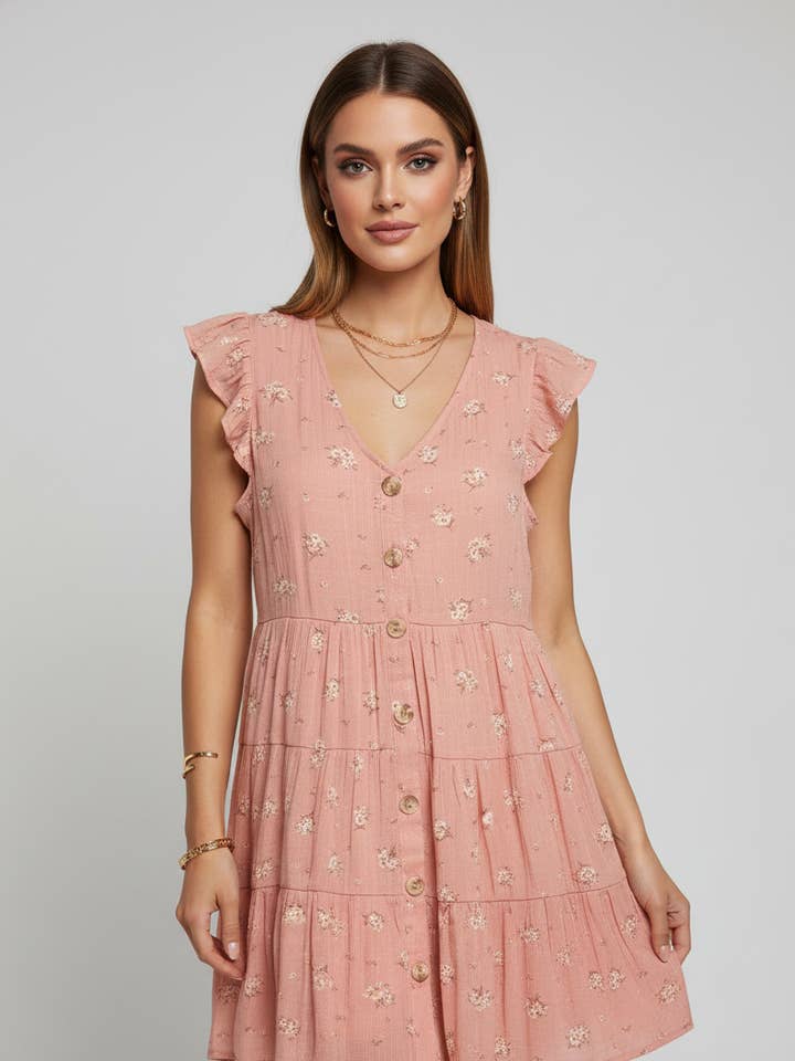 1955 Dammig Ros Volangärmad Blommig Lagerklänning för wholesale av LTX Sportswear