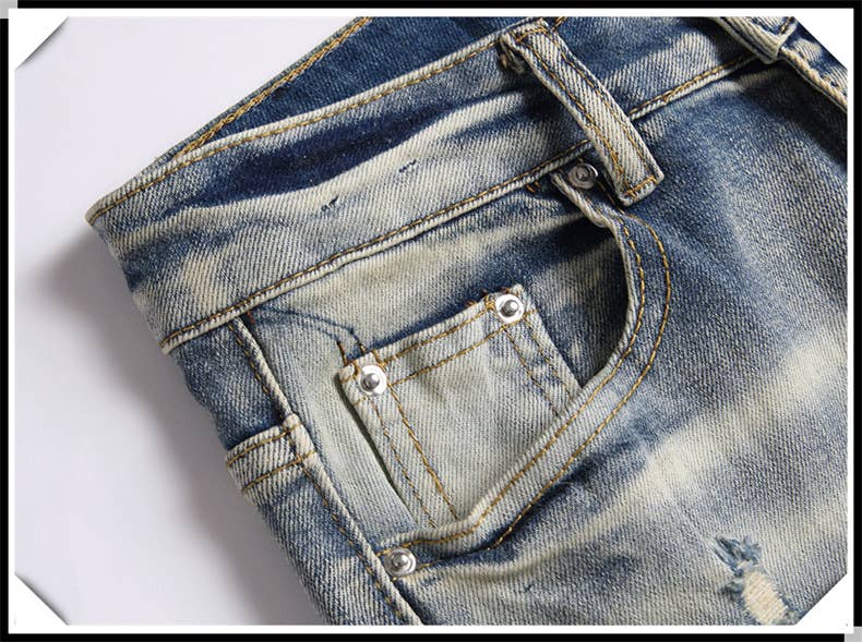 Blå Broderade slitna jeans herr slim fit skinny jeans för wholesale på Faire6