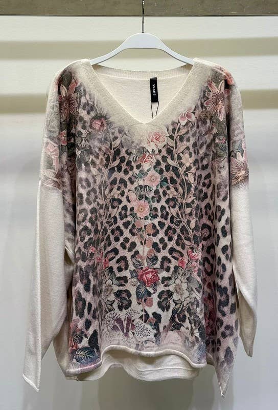 VENTI6 – Großhandel Strickpullover – Damen – LEOPARDEN-/BLUMENMUSTER V-AUSSCHNITT PULLOVER (8235-LEOPARDFLORAL)4