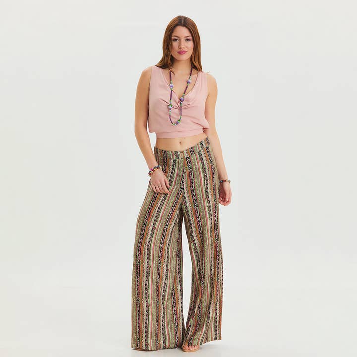 Pantalon palazzo kaki taille haute coupe ample pour la vente par Los Banditos