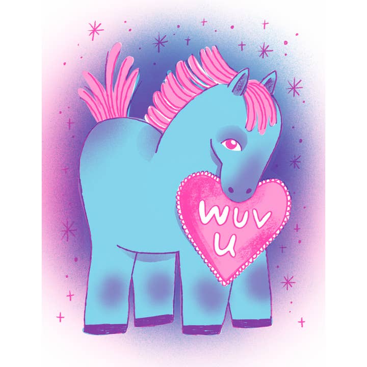 Wuv You Pony Risograph Greeting Card – Valentine’s Horse for wholesale by Lili Todd Art