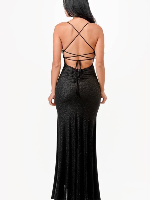 La Scala - Wholesale Dress - Women's - Glittered ITY Back lace up mermaid dress with waist shirring