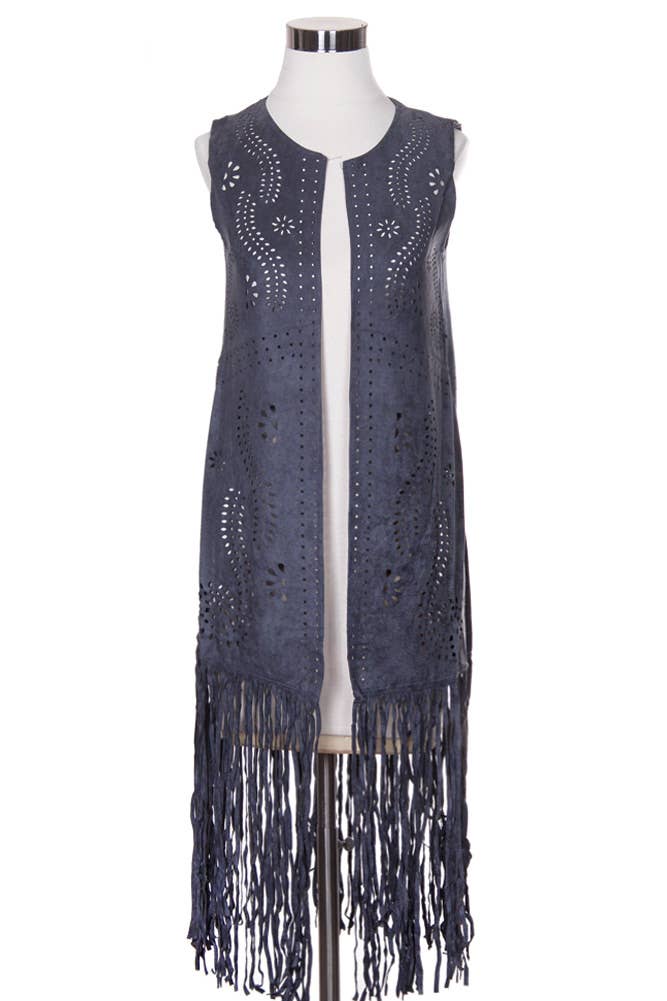 Hana - Venta al por mayor Chaleco de abrigo - Mujer - Chaleco de gamuza cortado con láser con estampado de hojas geométricas0