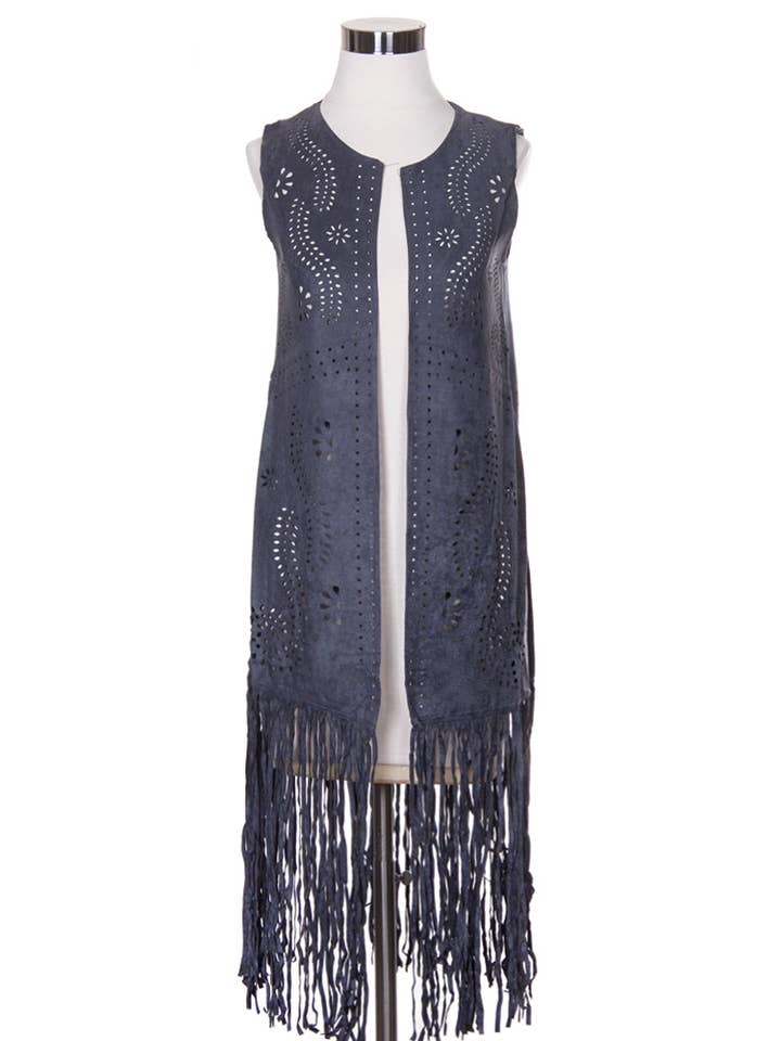 Hana - Venta al por mayor Chaleco de abrigo - Mujer - Chaleco de gamuza cortado con láser con estampado de hojas geométricas