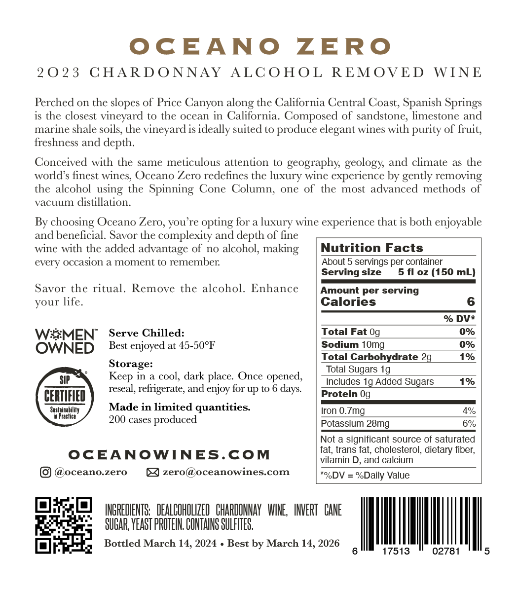 Oceano Wines - Wholesale Non-Alcoholic Spirits/Wine/Beer - 2023 Oceano Zero Chardonnay - SOLD OUT5