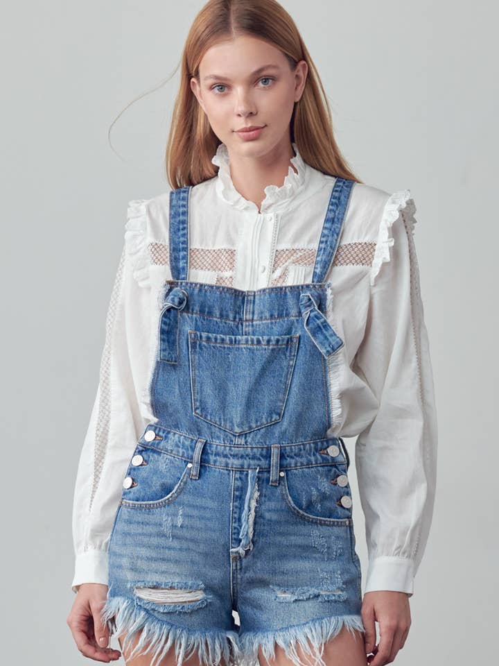 Frayed Hem Denim Overall Romper for wholesale by Insane Gene USA