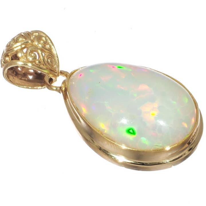 FifiRose - Wholesale Pendant/Charm Necklace - vermeil gold plated 925 silver large white ethiopian opal pendant, 1 3/8"