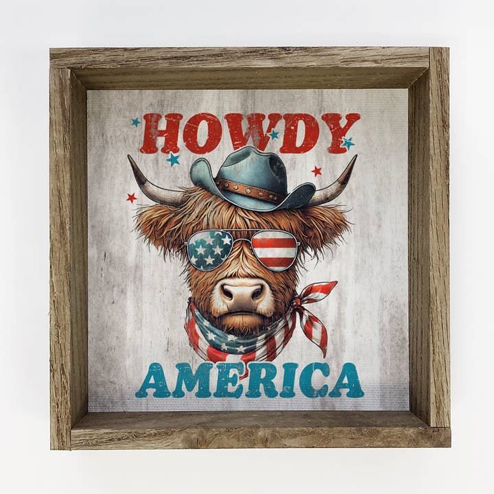 Howdy America Highland-Kuh - 4. Juli Leinwandkunst - Gerahmt für den Großhandel von Hangout Home