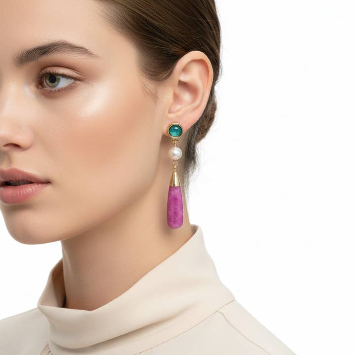 GirlyPirateCo - Wholesale Dangle Earrings - Gold Plated Freshwater Pearl and Red Stone Dangle Earrings