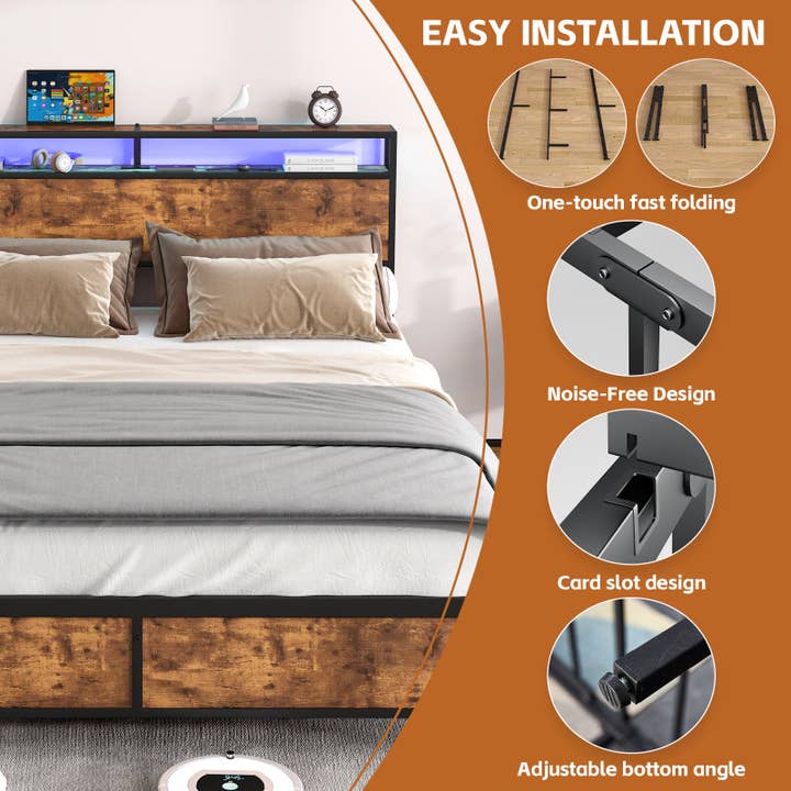 Orange County Decor - Wholesale Bed - Industrial Full Bed Frame With Led Lights And 2 Usb Ports, Bed Frame Full Size With Storage, Noise Free, No Box Spring Needed, Rustic Brown Full Rustic Brown Metal Metal