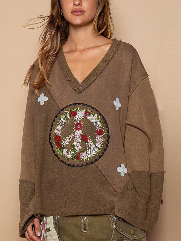 Peace Wreath Embroidery Distressed Curl Edges Sweatshirt for wholesale by Rosa Clothing