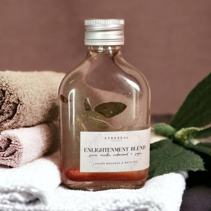Enlightenment Pine Needle Cedarwood & Sage Bath Massage Oil for wholesale by Ethereal Scents