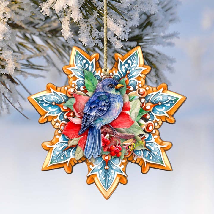 Designocracy - Wholesale Ornament - Blue Bird Snowflake Wood Ornaments GDebrekht Nature Wildlife