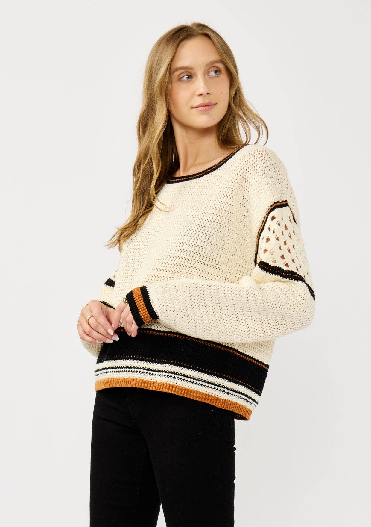 Natural Black Striped Pointelle Round Neck Sweater for wholesale on Faire1