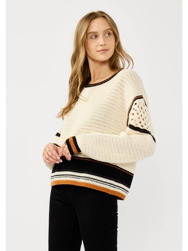 Natural Black Striped Pointelle Round Neck Sweater for wholesale on Faire1