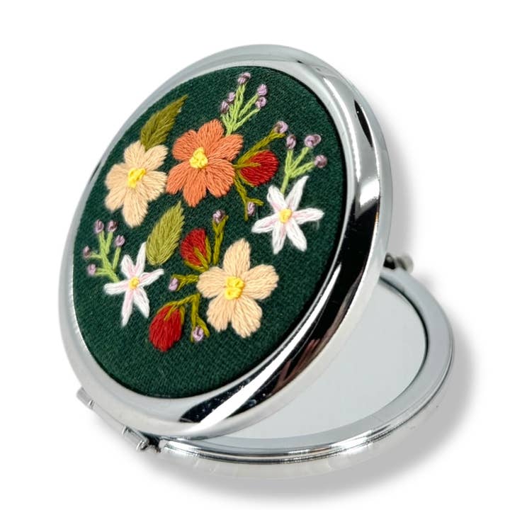 Emerald Bloom Hand Embroidery Compact Mirror for wholesale by Rumoon Handmade