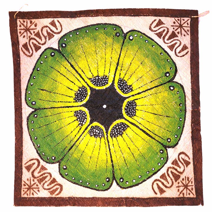 Kukama ayahuasca flower painting on llanchama tree bark canvas - made by Peruvian Amazon artists for wholesale by Amazon Ecology