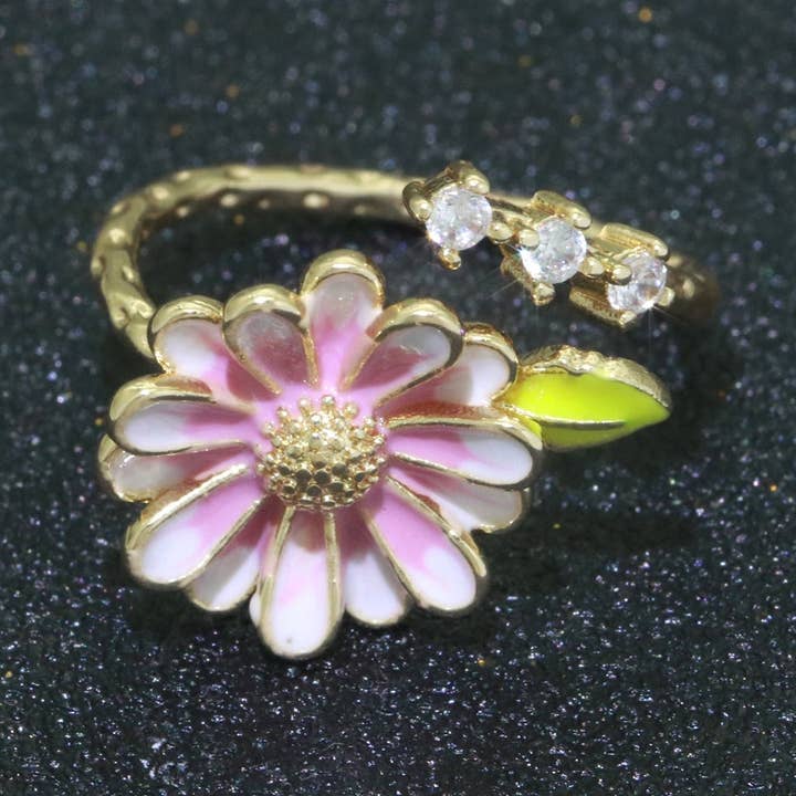 Dainty Sun Flower Stacking Ring, Gold Minimalistp Ring Open Adjustable Ring Enamle Ring Gold Filled O-539 for wholesale by Aim Eternal