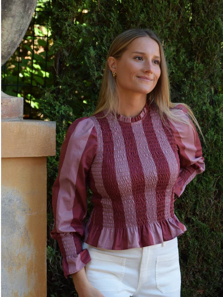 MindTraveler - Wholesale Blouse - Women's - Chía Striped Burgundy Blouse0