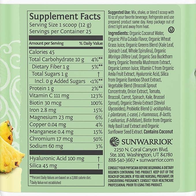 Sunwarrior - Wholesale Protein/Superfood Powder - Beauty Greens Pina Colada Collagen Powder - Vegan, Soy-Free9