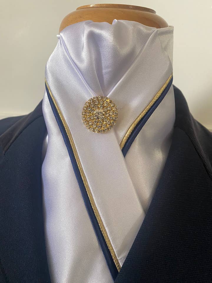 HHD White or Cream Custom Stock Tie Navy & Gold Piping for wholesale by Heavenly Horse Designs