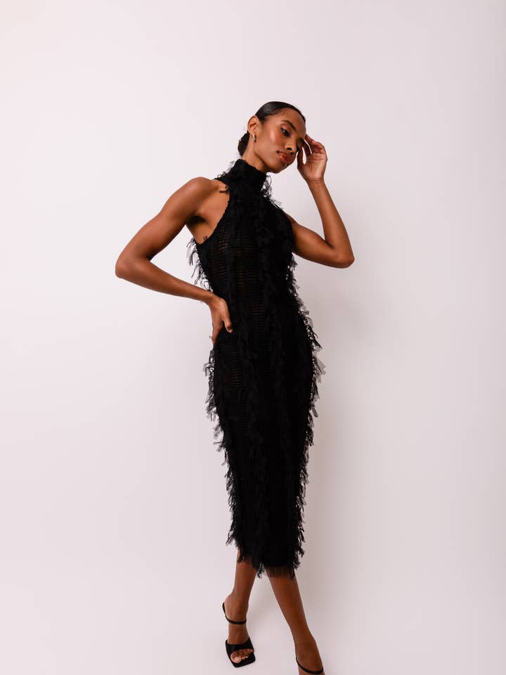 Calla Black High Neck Midi Dress for wholesale on Faire