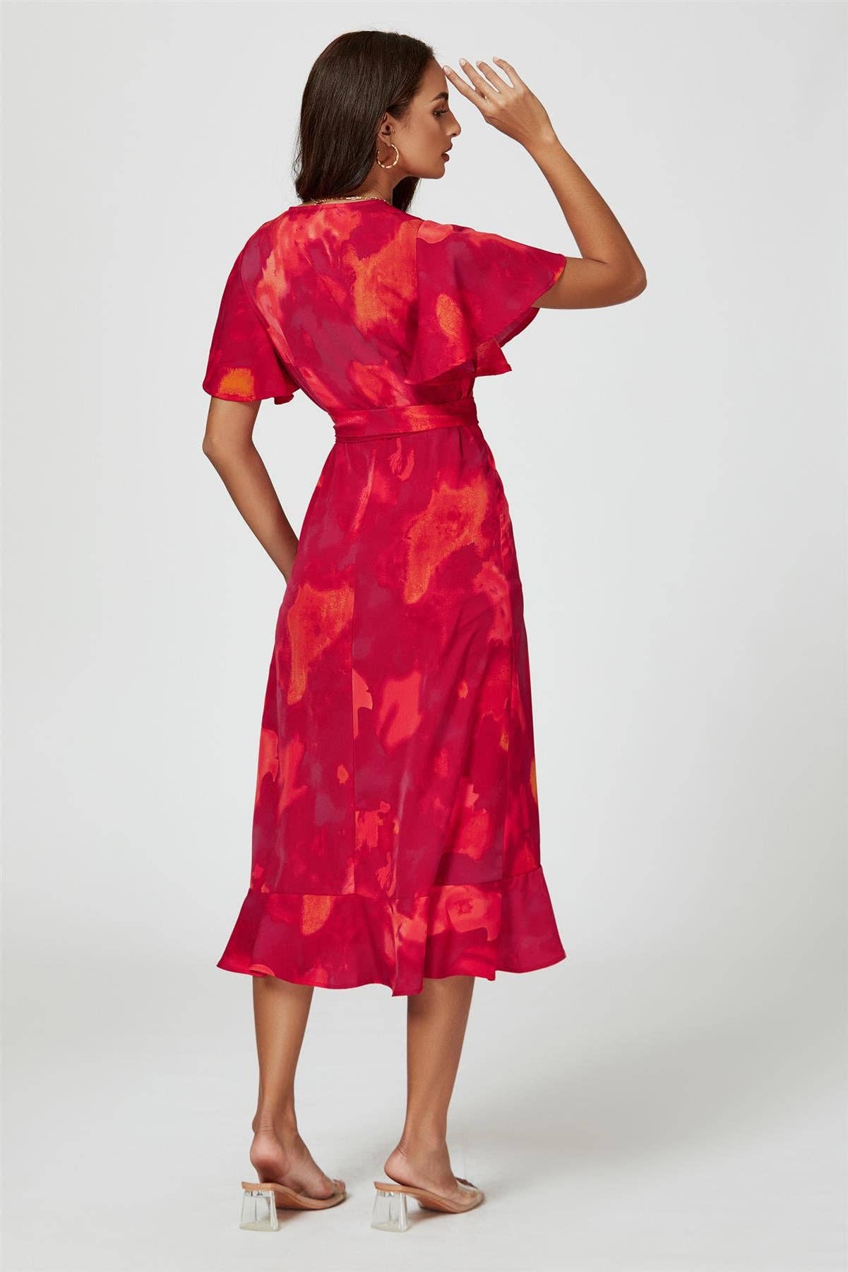 Abstract Print Angel Sleeve Wrap Midi Dress In Red for wholesale on Faire4