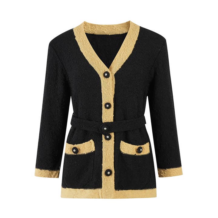 JK137 V-neck Knitted Wool Cardigan with Tie Waist for wholesale by Productseeker