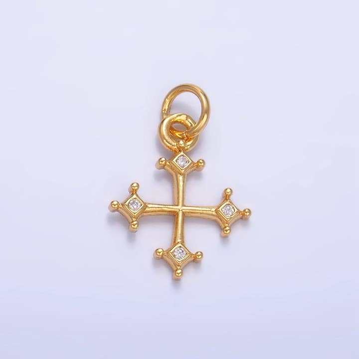 24K Gold Filled CZ Mini Dotted CZ Fleur Cross Charm | W113 for wholesale by Aim Eternal