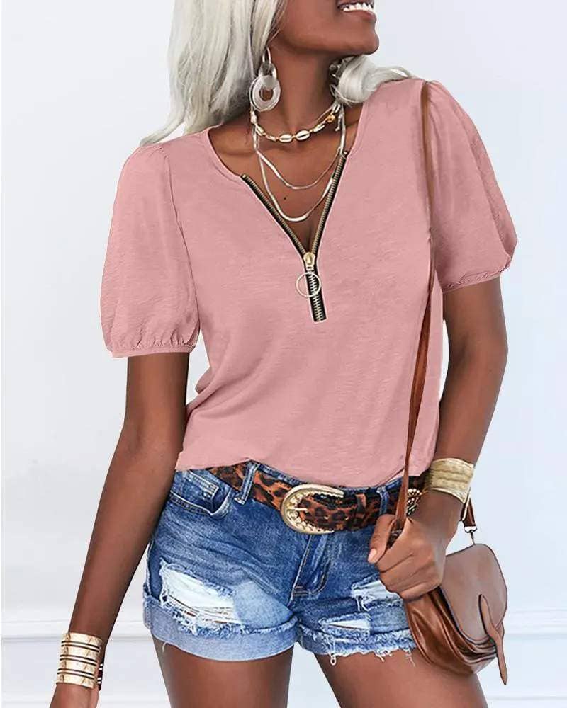 Flarix – Engroshandel Bluse - Dame – lynlås foran puff ærme afslappet t shirt13