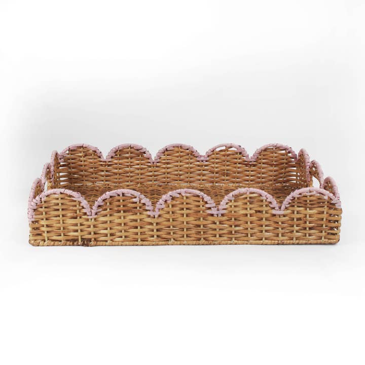 Scalloped Hand-Painted Rattan Tray - Pink for wholesale by Madcap Cottage