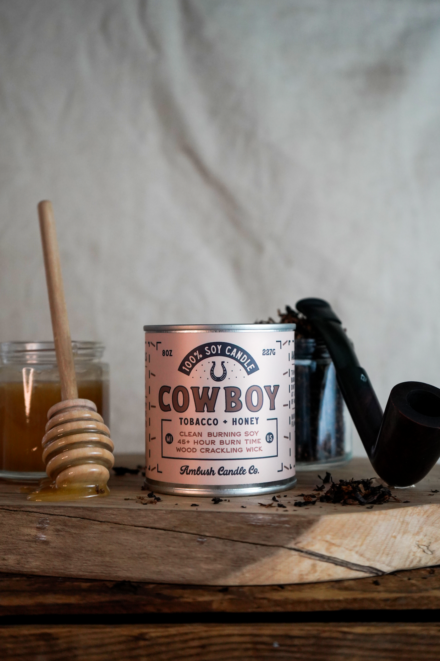 Ambush Candle Co. – wholesale Jar/filled candle – Cowboy | Tobacco + Honey 8oz Soy Candle4