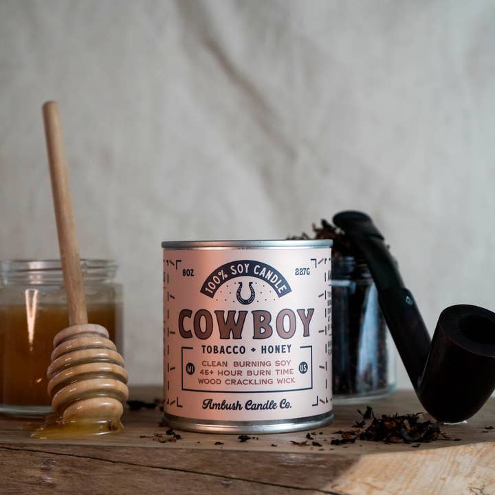 Ambush Candle Co. – wholesale Jar/filled candle – Cowboy | Tobacco + Honey 8oz Soy Candle4