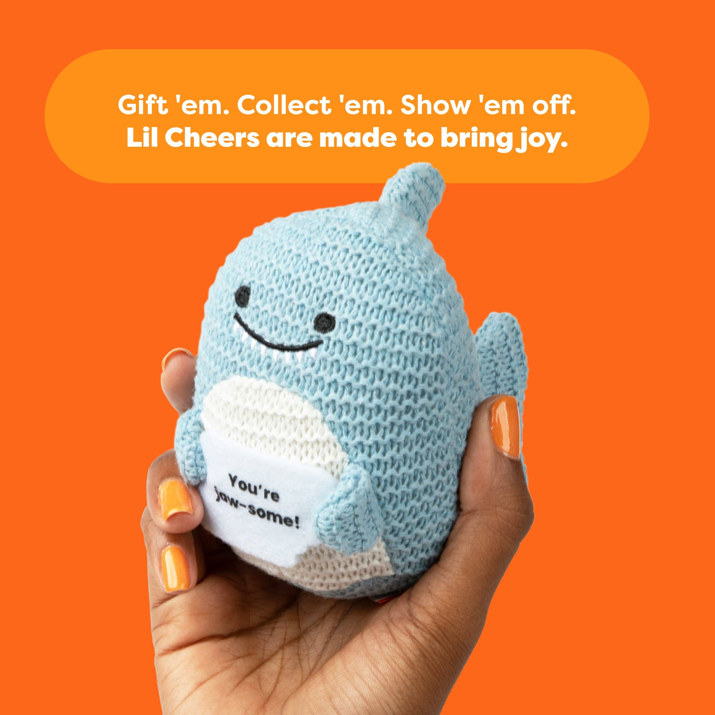 What Do You Meme - Wholesale Stuffed/Plush Toy - Kids & Baby - Lil Cheers Shark by Relatable – Fintastic Crochet Plush with Encouragement2