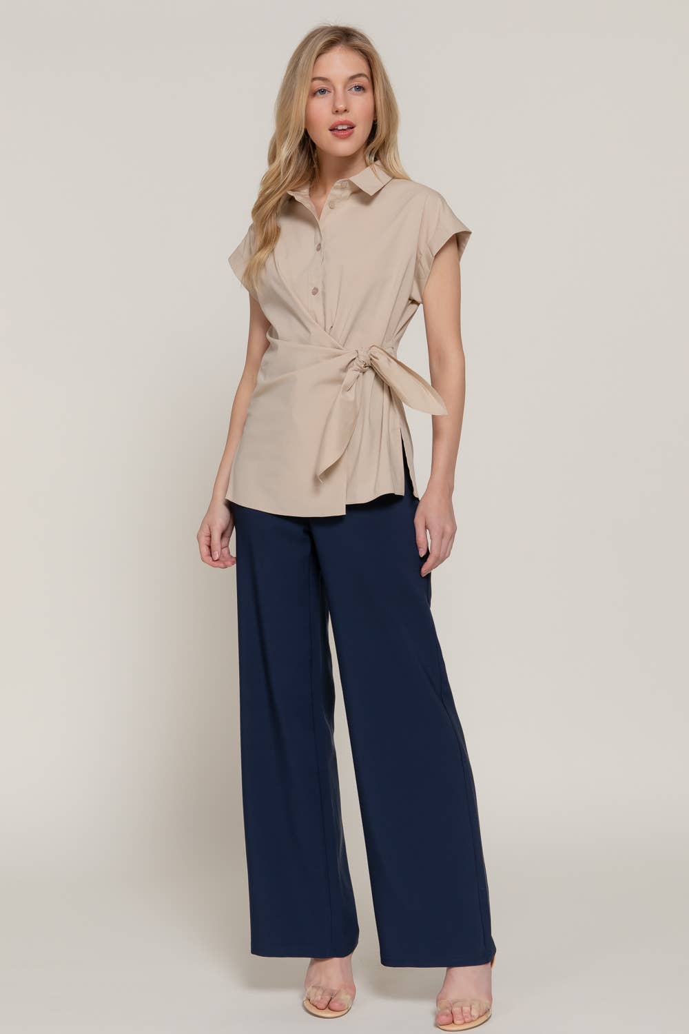 Active Basic | Active USA - Wholesale Button Down Shirt - Women's - Short Dolman Sleeve Button Down Side Knot Poplin Shirt14