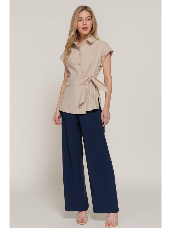 Active Basic | Active USA - Wholesale Button Down Shirt - Women's - Short Dolman Sleeve Button Down Side Knot Poplin Shirt14